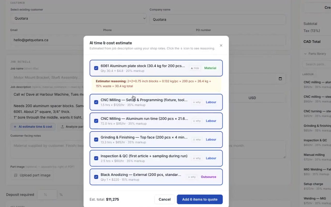 Quotara drafting a quote: material and labour lines estimated from the shop’s own rates